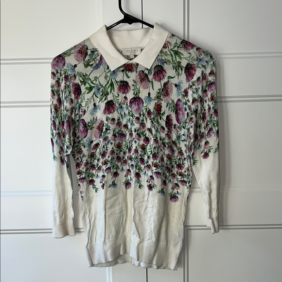 SUPER CUTE Ted Baker 'Karn' Thistle Floral Sweater - Purple and Green on White - Picture 2 of 11